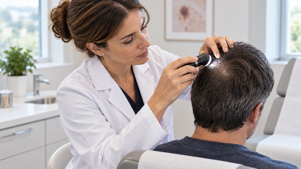 רופאת עור בוחנת בעדינות קרקפת של מטופל במרפאה
