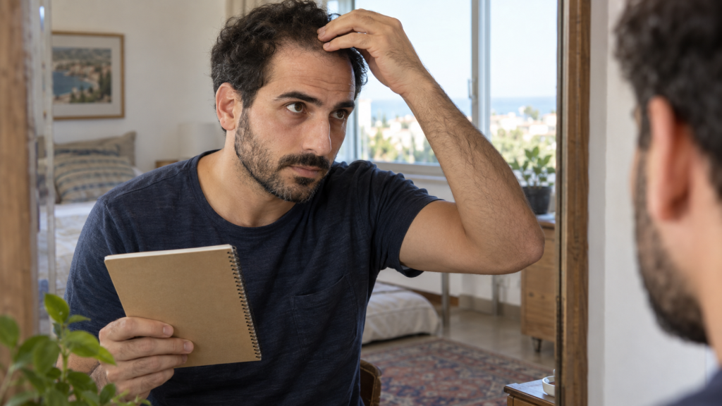 אדם בוחן את קו השיער מול מראה ומסמן מעקב במחברת ללא טקסט קריא