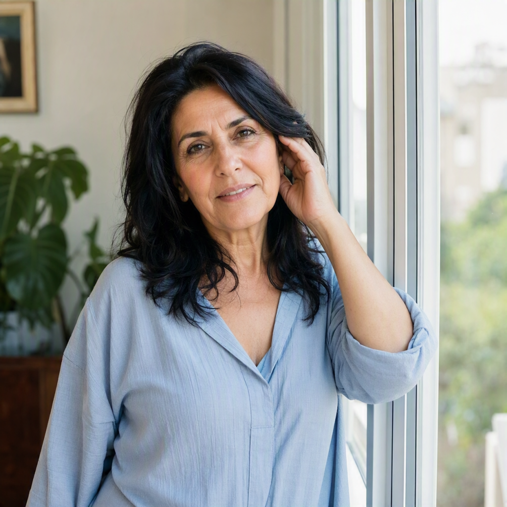 אישה בוגרת נוגעת בעדינות ליד אוזן שמאל, המחשה חזותית לטינטון באוזן אחת
