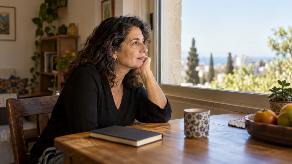 טיפול הומאופתי בטינטון: אישה בוגרת יושבת ליד חלון בבית לצד מחברת סגורה.