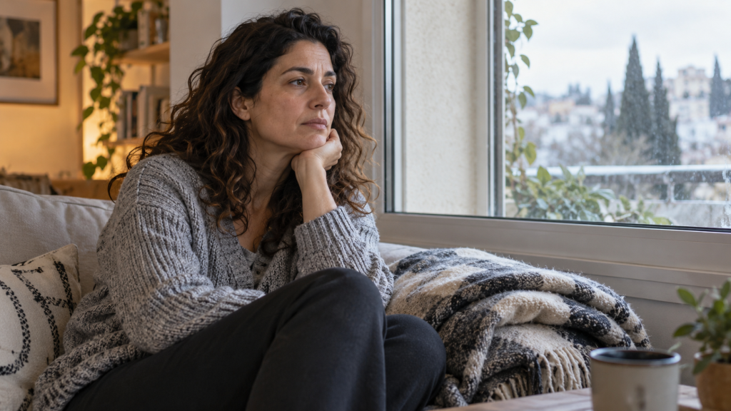 אישה נחה ליד חלון לאחר מחלה נשימתית שגרמה לשיעול עם ליחה